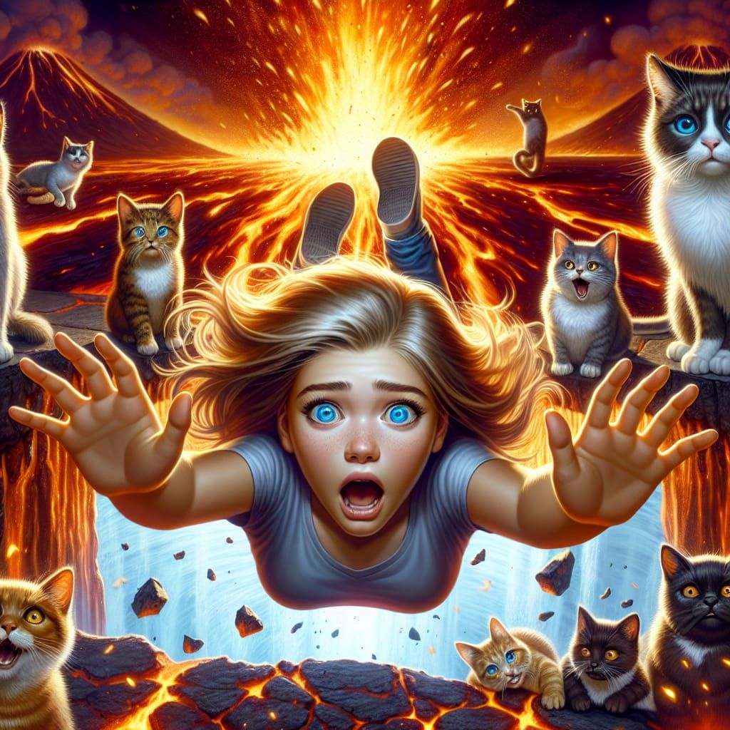 Girl Falls Into Volcano Watched By Laughing Cats