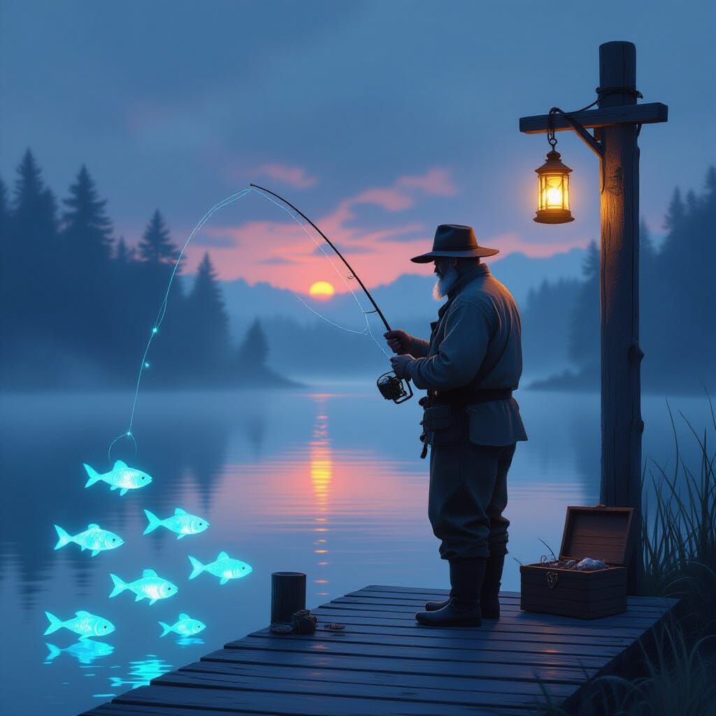 Spirit Fisher at Dawn: Mystical Lake Scene