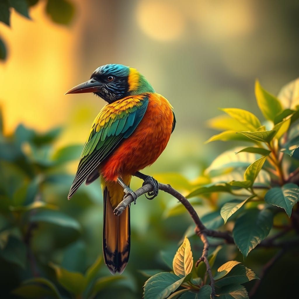 Vibrant Bird in Whimsical Naive Realism Style