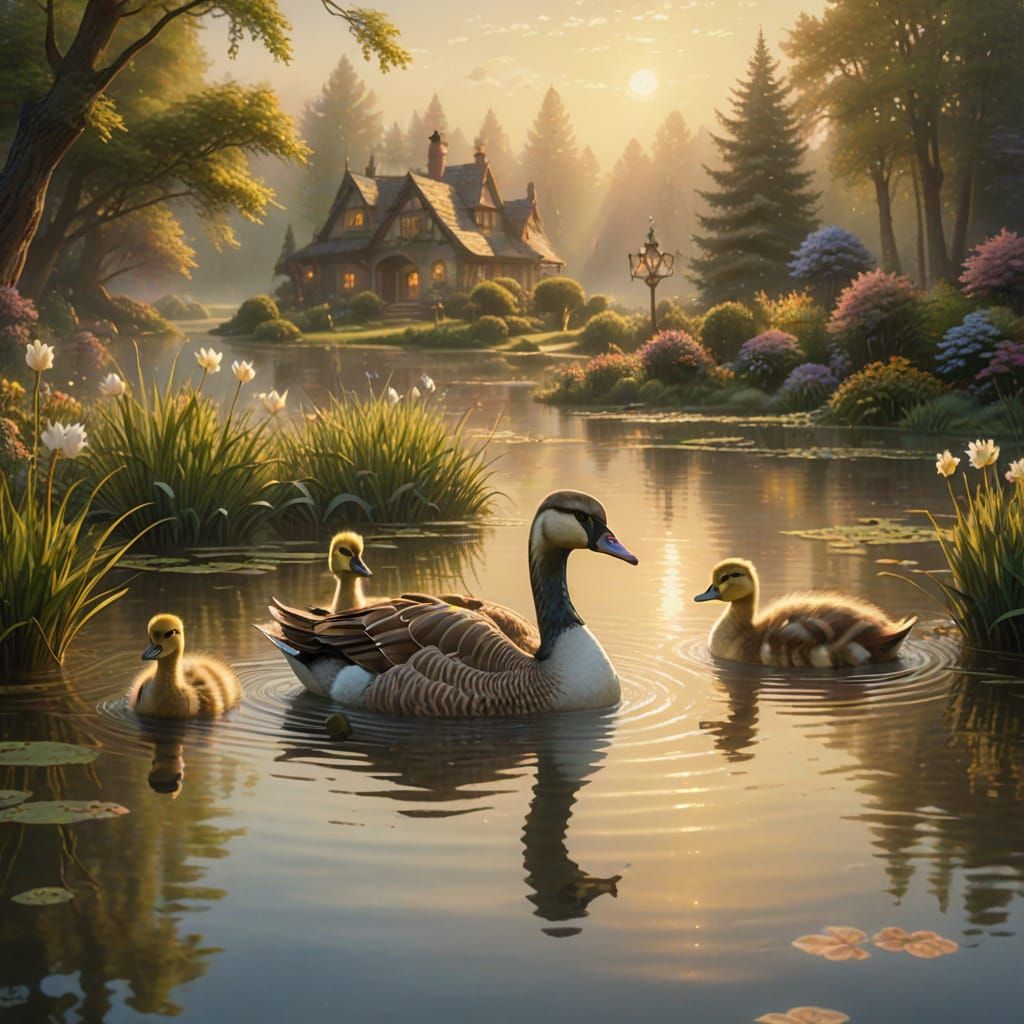 Mother Goose and Goslings in Pond, Kinkade Style