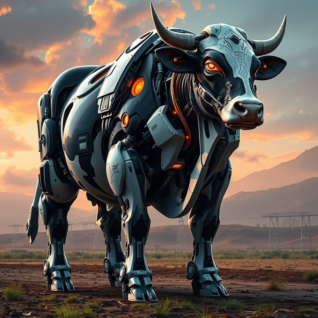 Majestic Bionic Cow in Futuristic Farm Setting