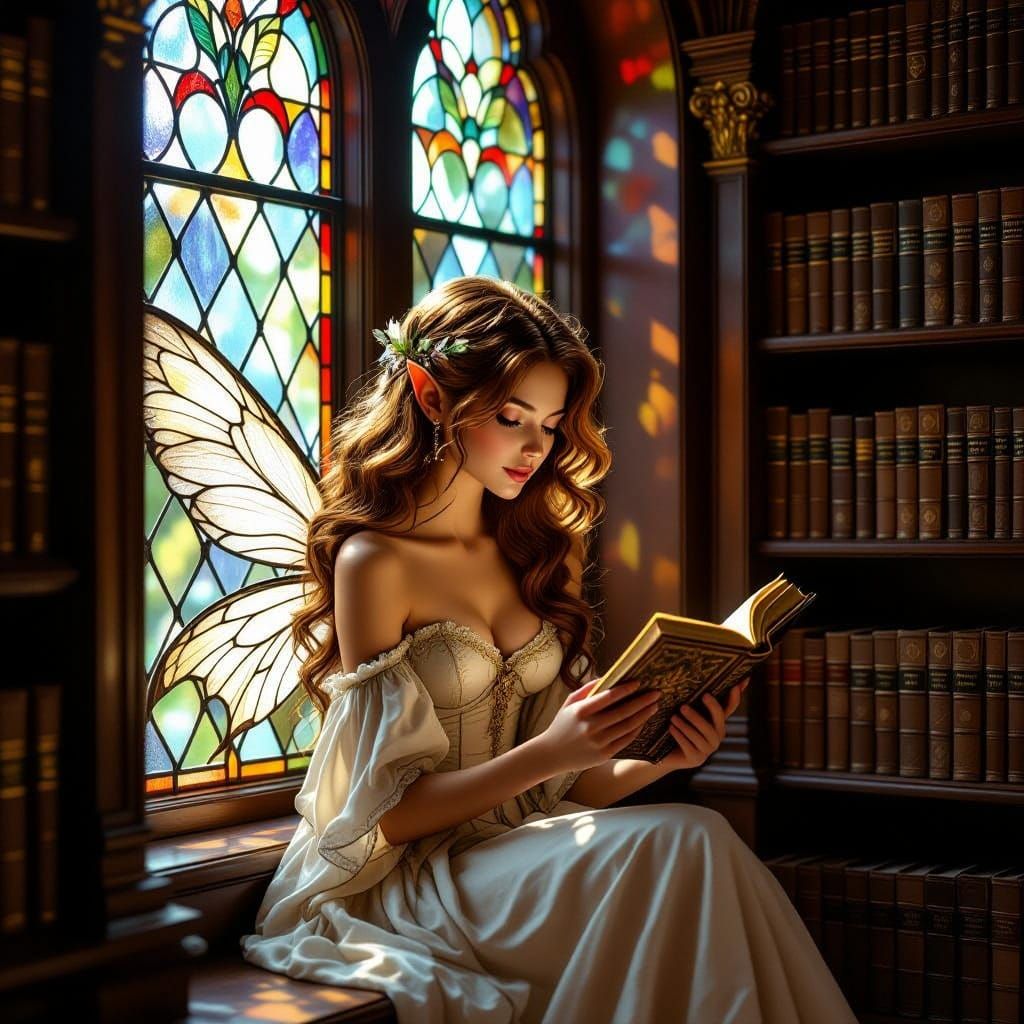 Fairy Reading in Renaissance Library, Old Masters Style