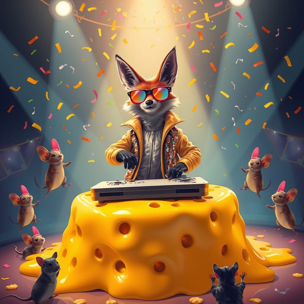 DJ Fox at Melted Cheese Party, Digital Art