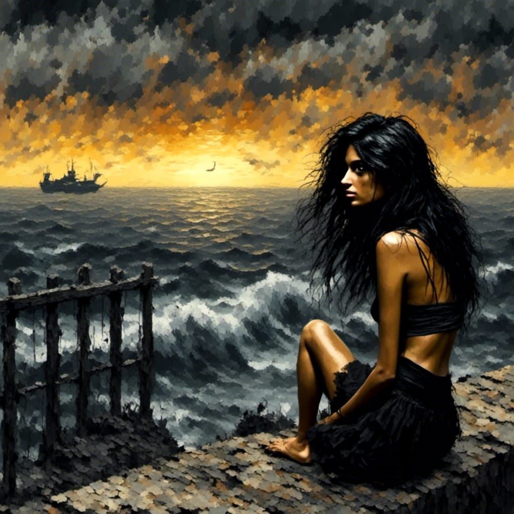 Sad Gothic Girl Gazing at Sea in Santorini