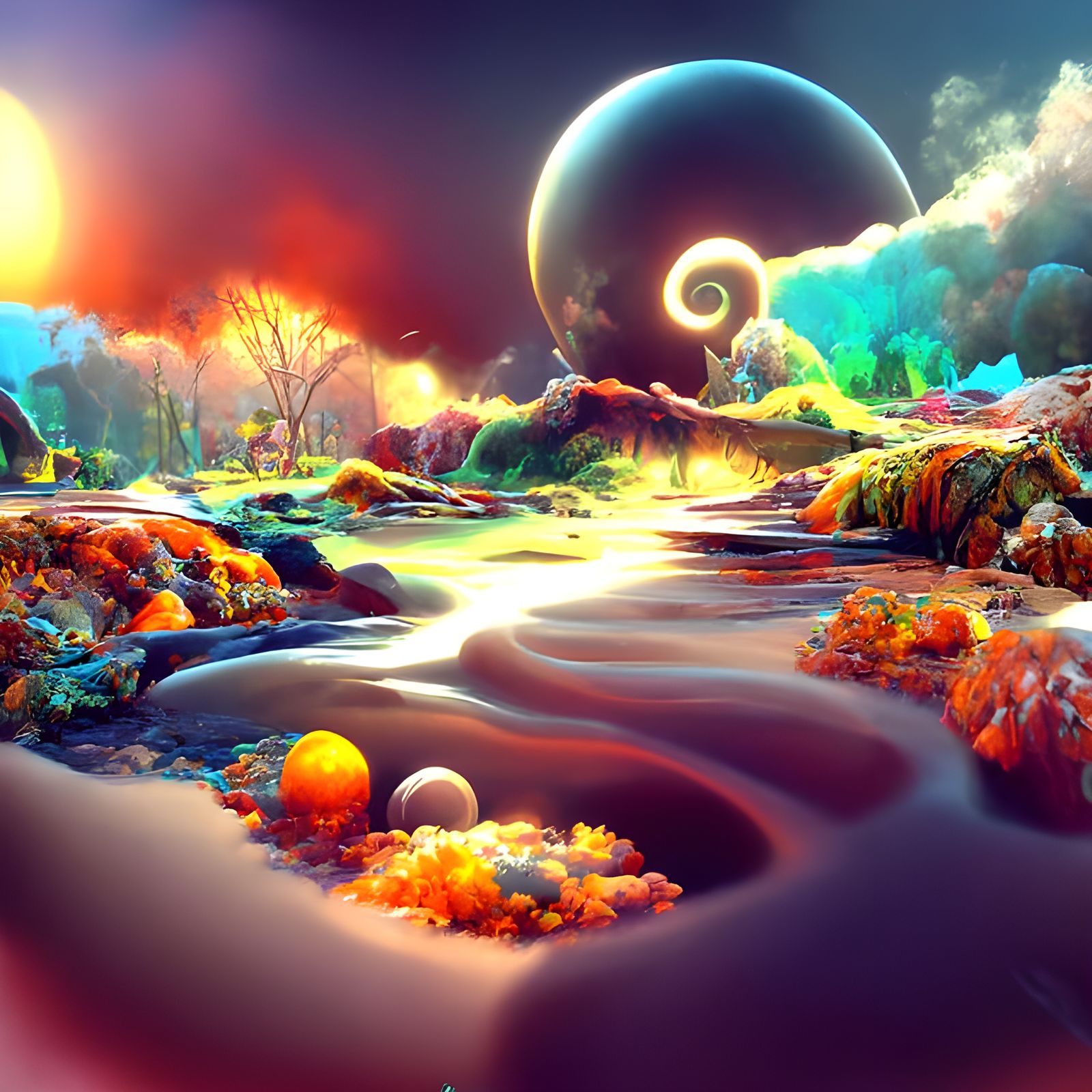 Alien Landscape with Glowing Water, Digital Illustration