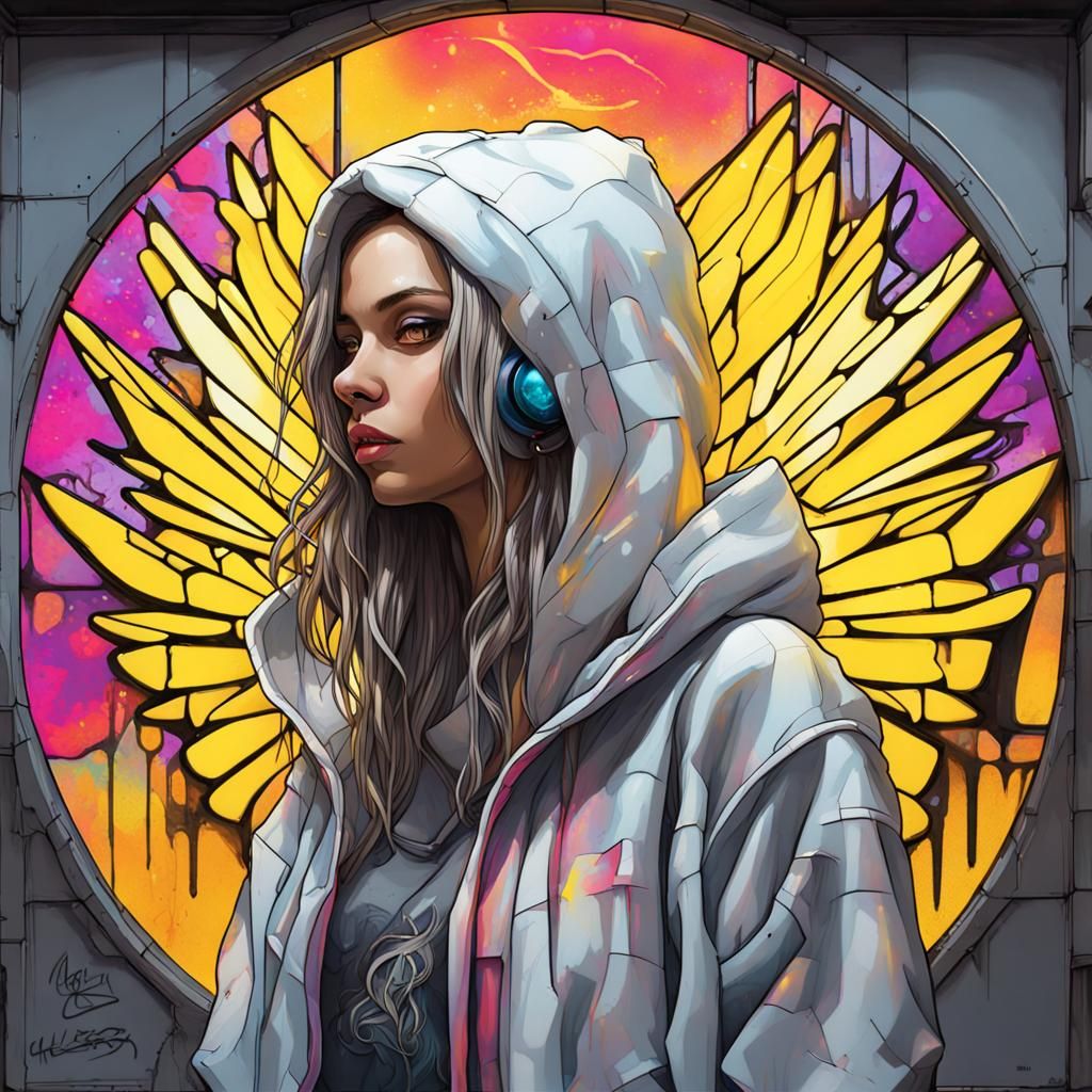 Cyberpunk Stained Glass Girl with Wings