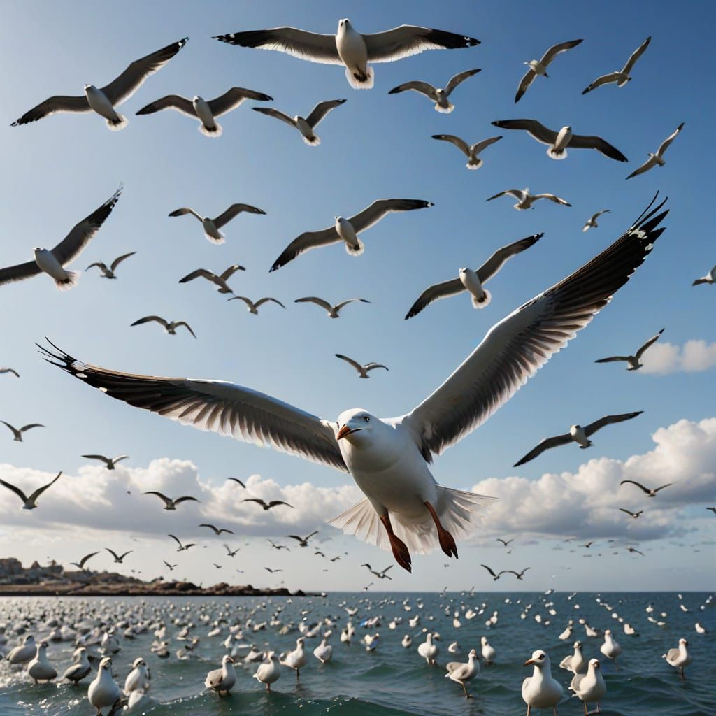 Giant Seagull Surrounded by Flying Birds
