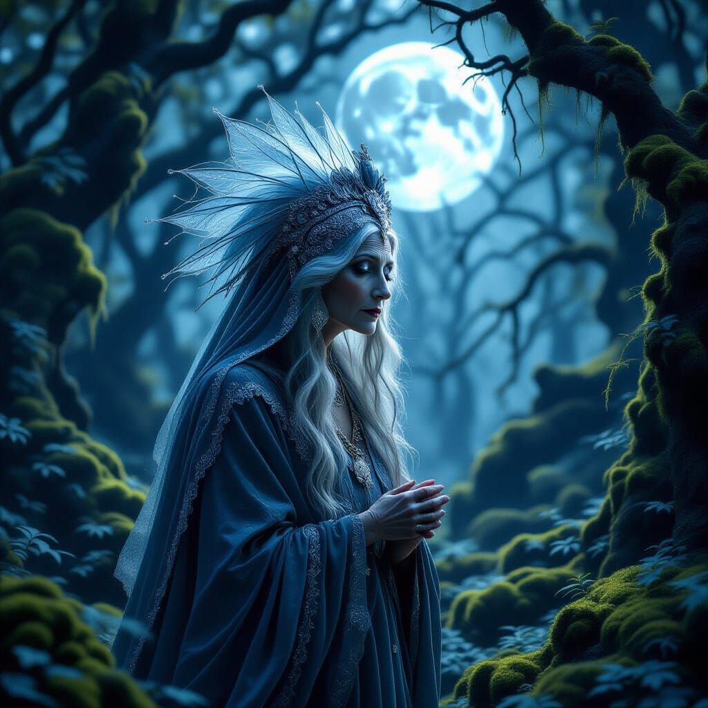 Ethereal Old Woman in Moonlight Headdress