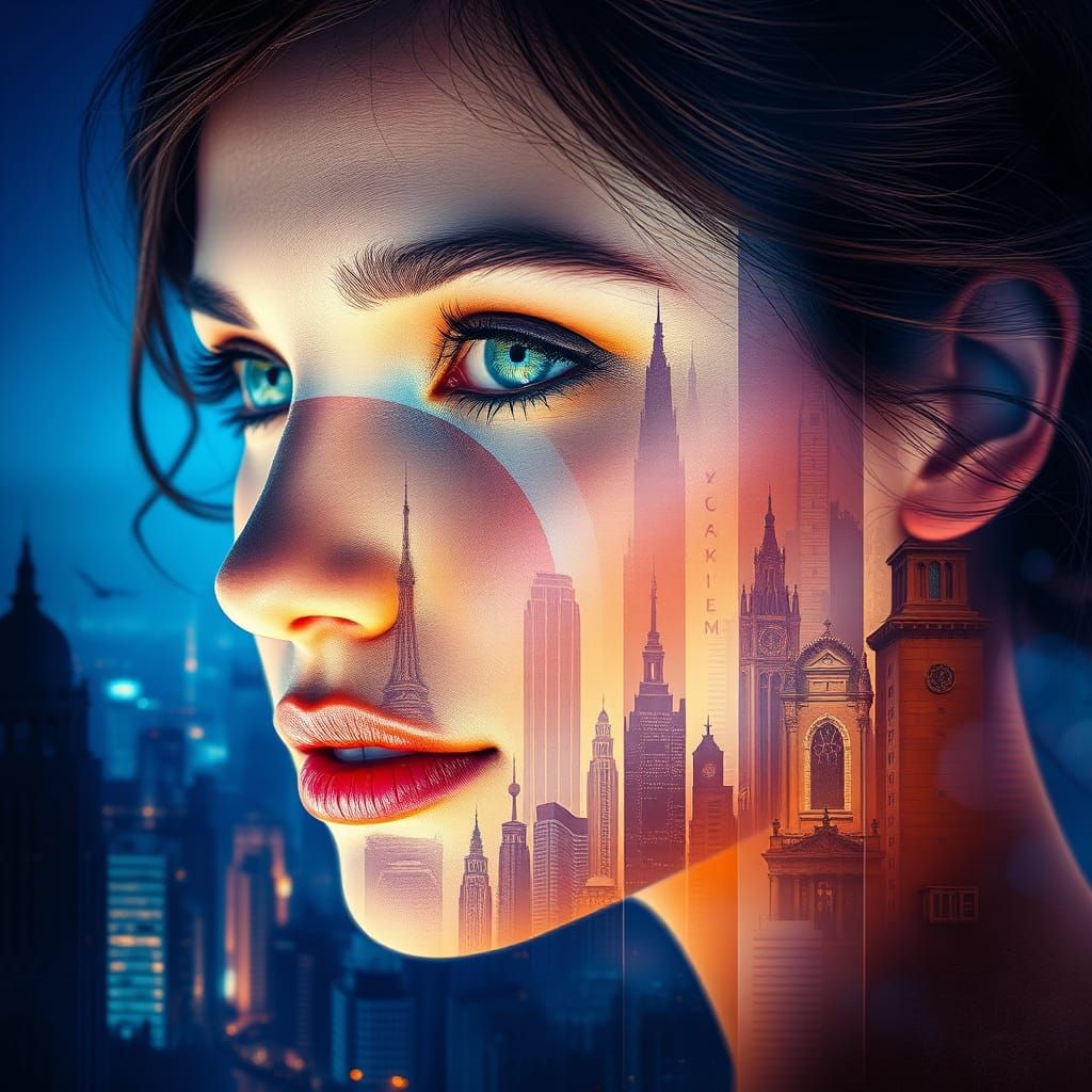 Double Exposure Portrait of a Woman in Futuristic Cityscape