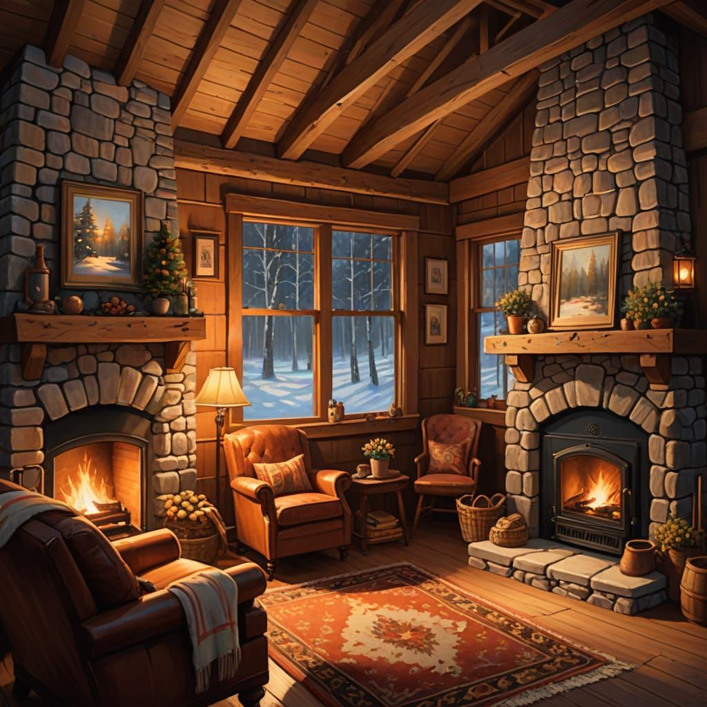 Cozy Cabin Interior with Warm Fireplace and Forest View