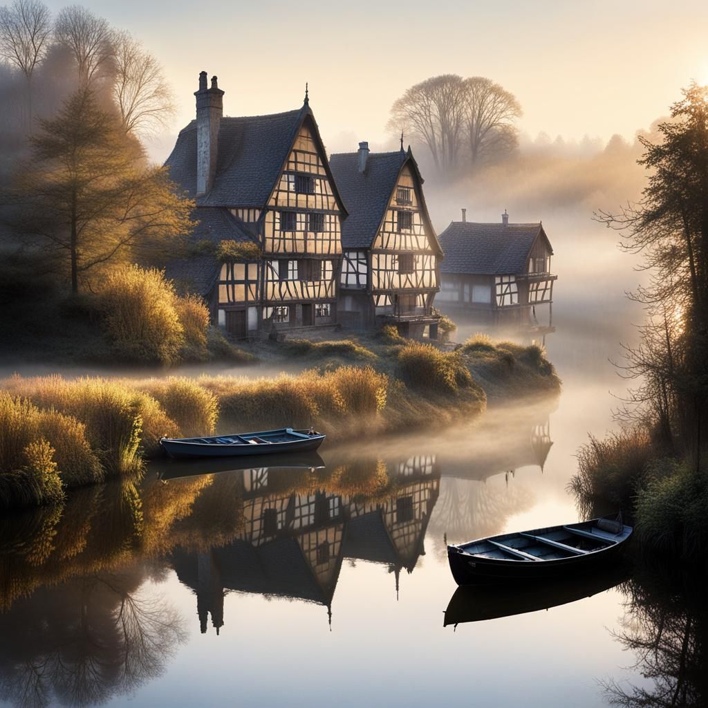 Misty Morning on the Lake: Half-Timbered Village