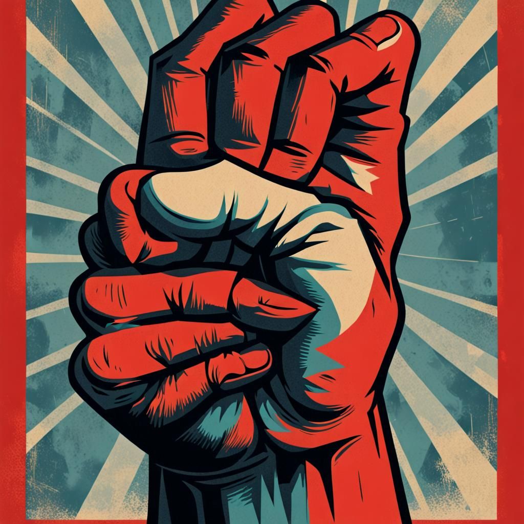 Art by Shepard Fairey, graphic illustration of a raised fist, emblematic of solidarity and empowerment, stark contrast, ...