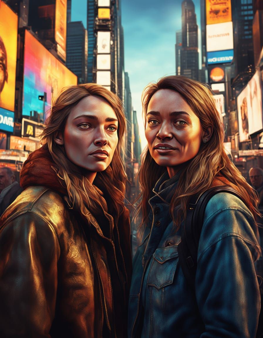 Teen Girl Meets Future Self in Times Square: Hyperrealistic ...