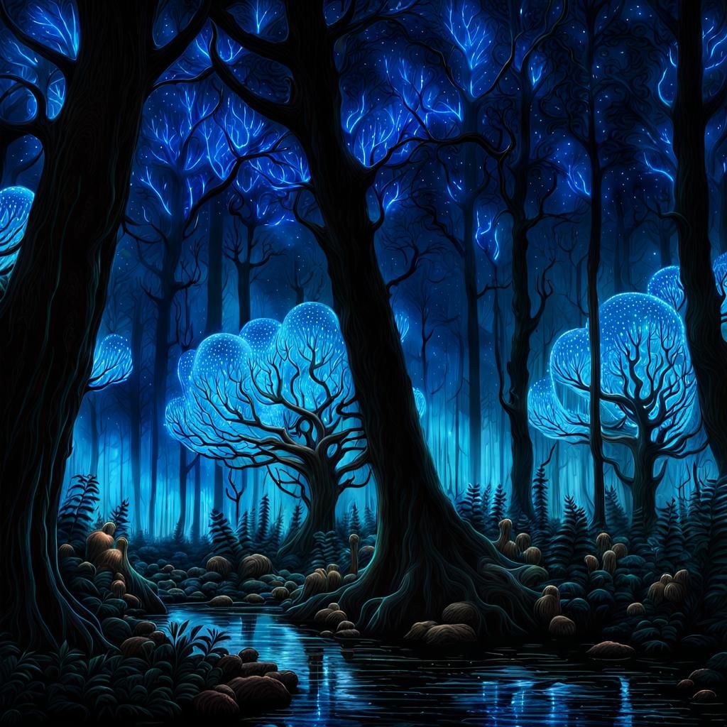 Bioluminescent Forest at Night: Dreamlike AI Artwork