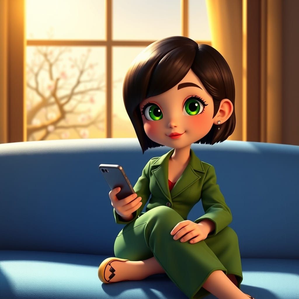 Chibo-Style Cartoon Girl in Vibrant Green Suit