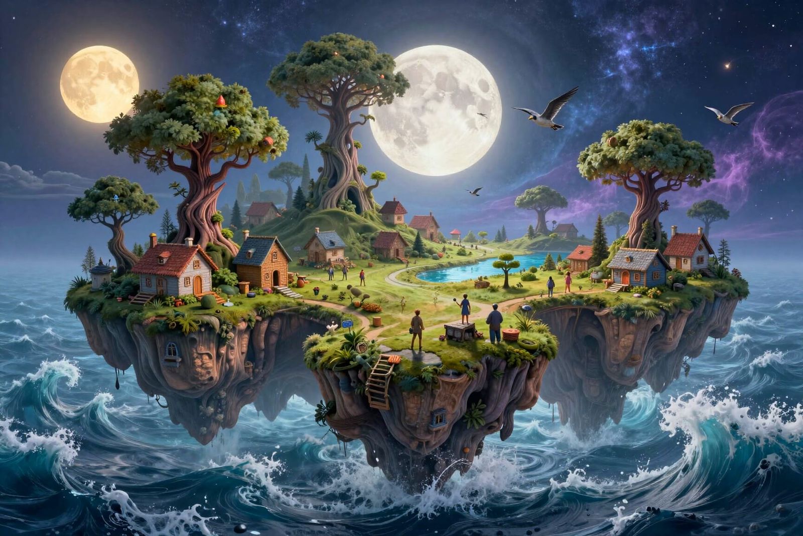 Surreal Floating Island Above Raging Cosmic Sea