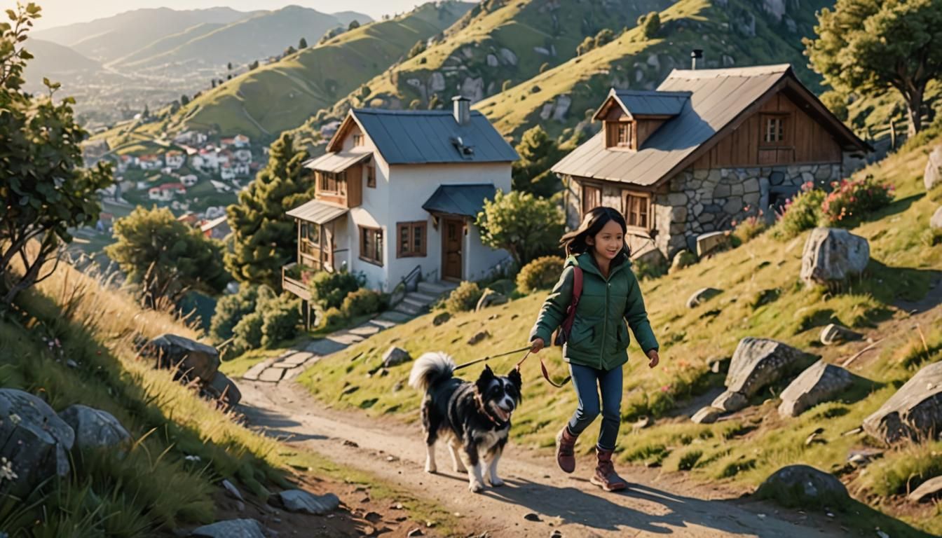 Girl and Dog Walking on Mountain Path