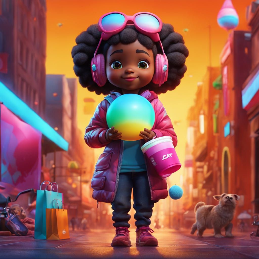 A Happy Black Teen Girl Shops with Family on a Vibrant Stree...