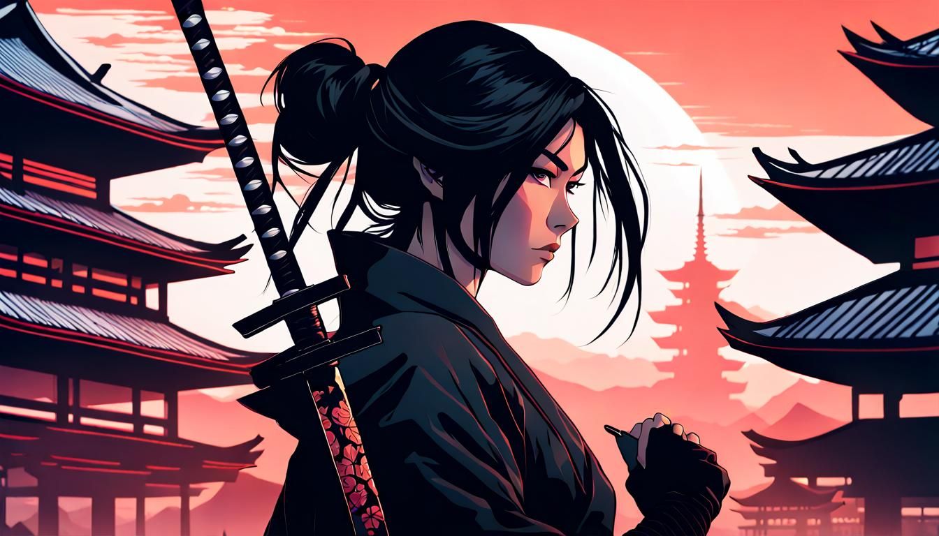 Ninja Woman Silhouette with Katana, Anime Style