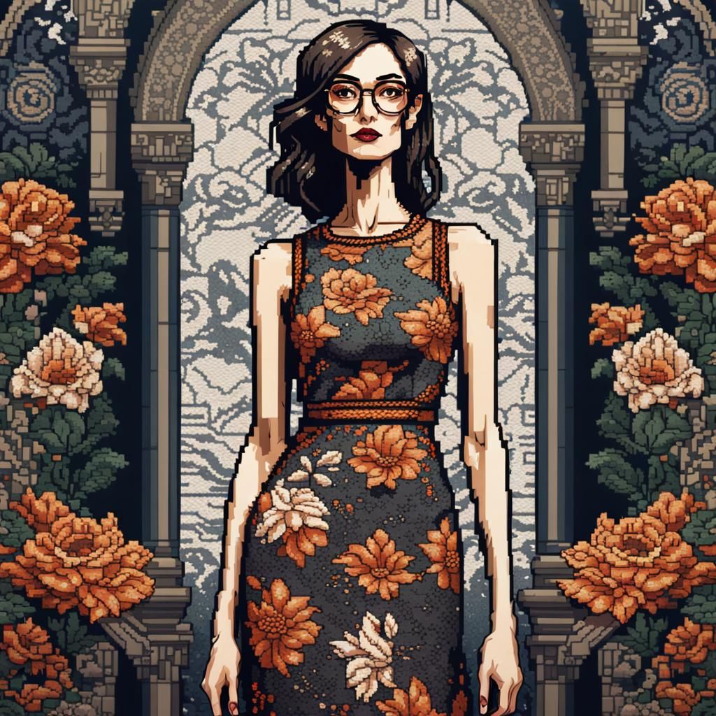 Mysterious Lady in Floral Dress: 8-bit Pixel Art