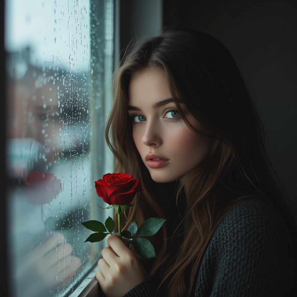 Introspective Woman with Rose in Moody Film Style