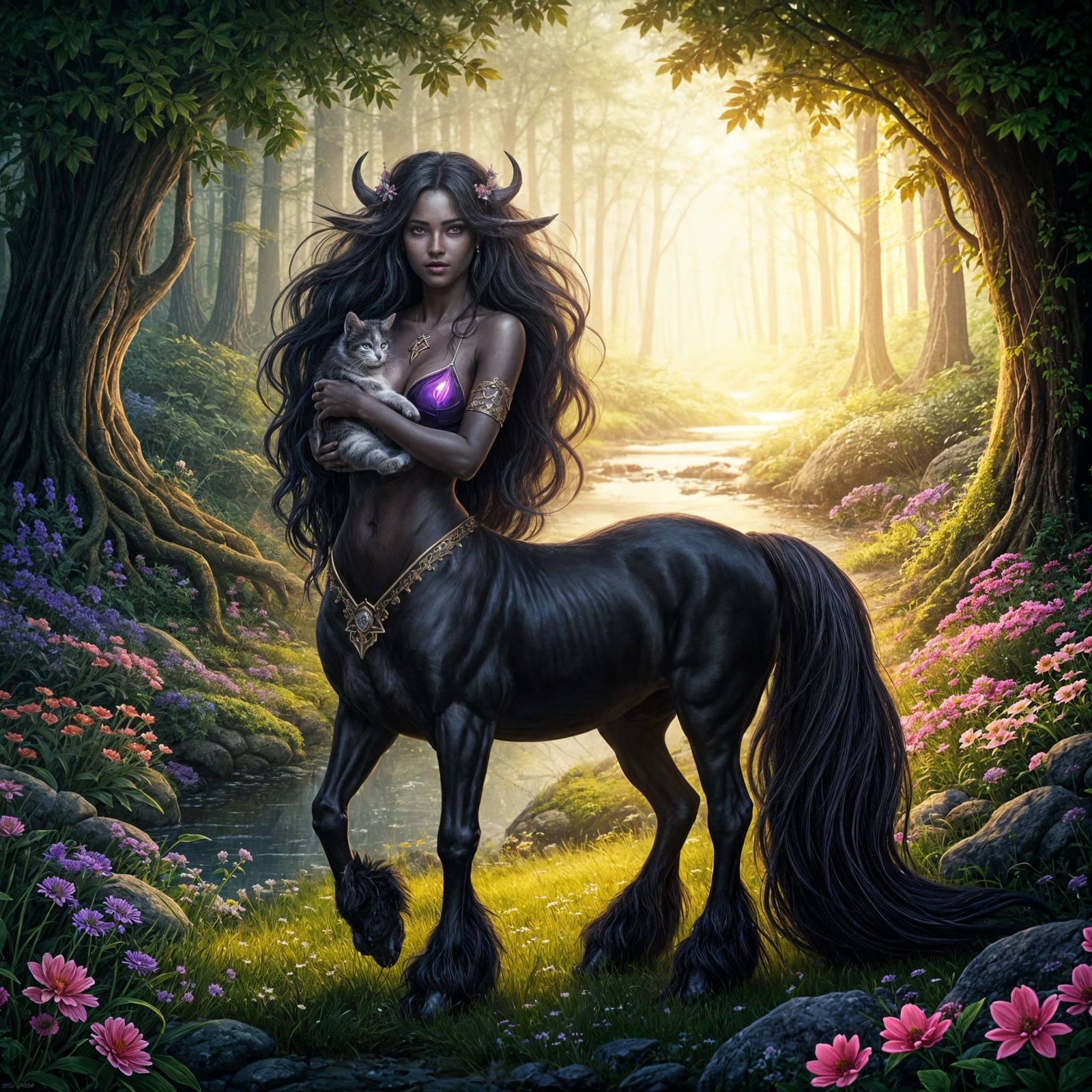 Fantasy Black Centaur with Kitten in Magical Forest