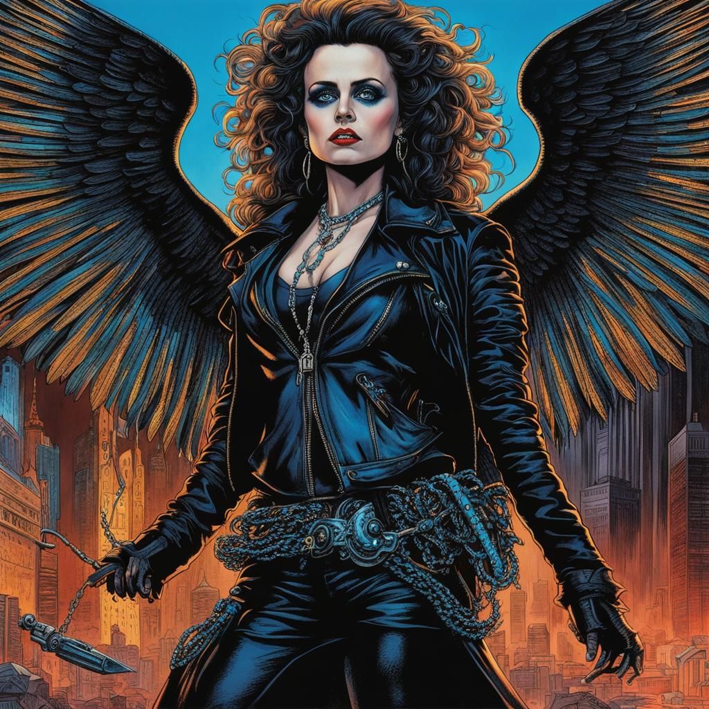 Helena Bonham Carter as Azrael a punk female angel of death, with neon blue staring oeyes, wild shining curly black flow...
