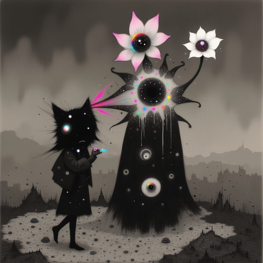 Surreal Flower Cat Giant in Dark Fantasy Style