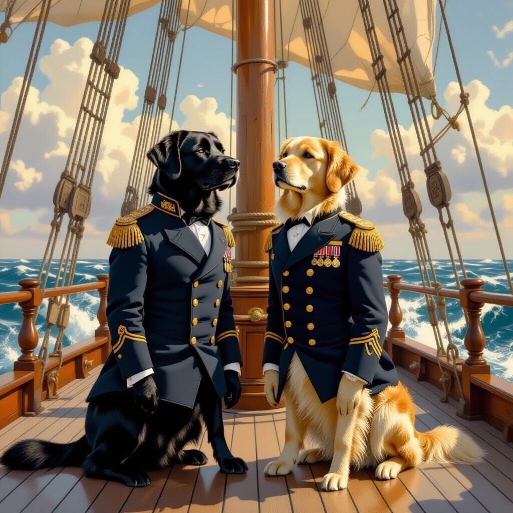 Dogs in Admiral Uniforms on Sailing Ship
