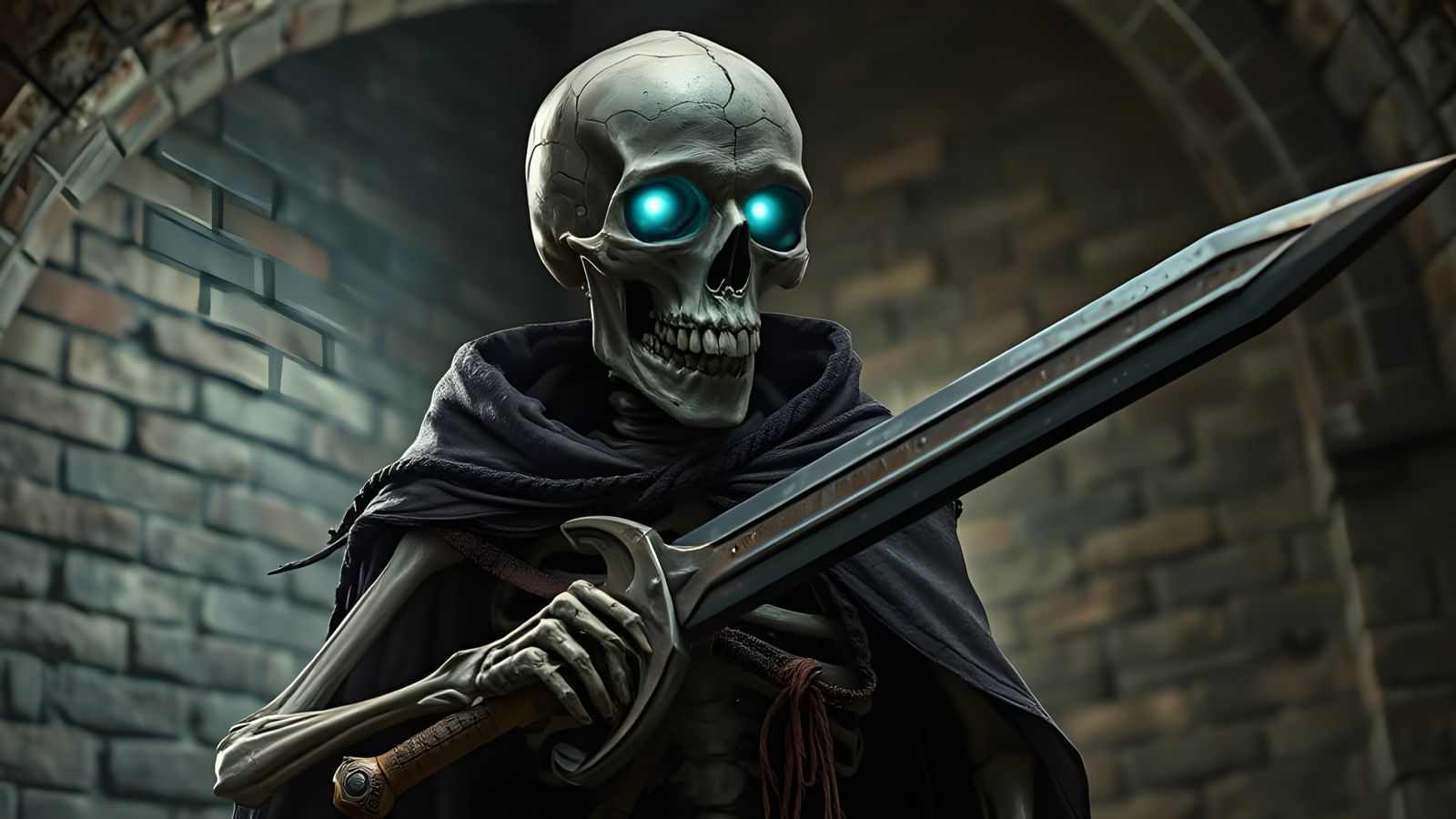 Dark Fantasy Skeleton in Tattered Cloak, Holding Rusty Sword