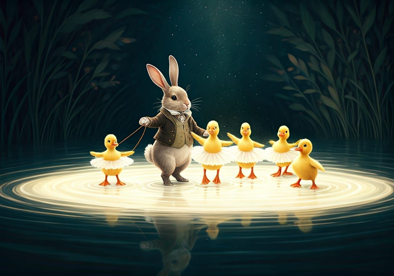 Rabbit Conductor and Duckling Ballerinas in Shimmering Puddl...