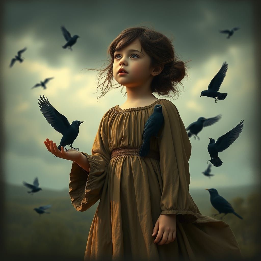 Girl Singing with Blackbirds in Cinematic Style