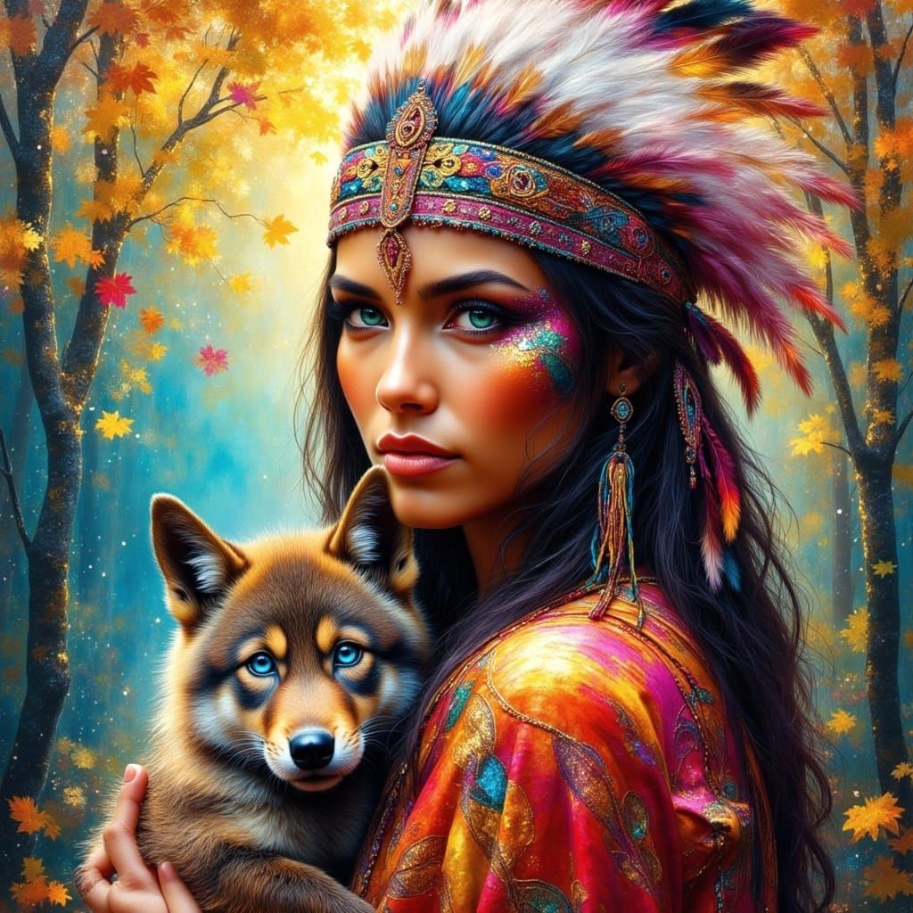 Native American Woman with Wolf Cub as Oil Painting