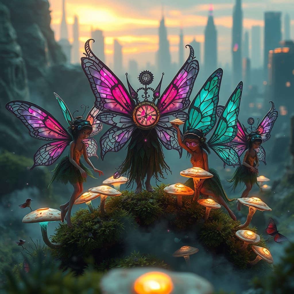 Neon Clockwork Fairies in Surreal Cyberpunk Landscape