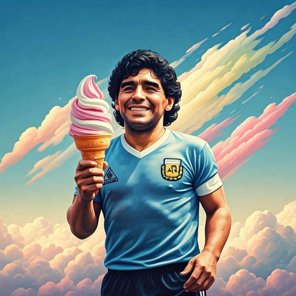 Maradona in the Sky with Ice Cream, Hyper-Realistic Art