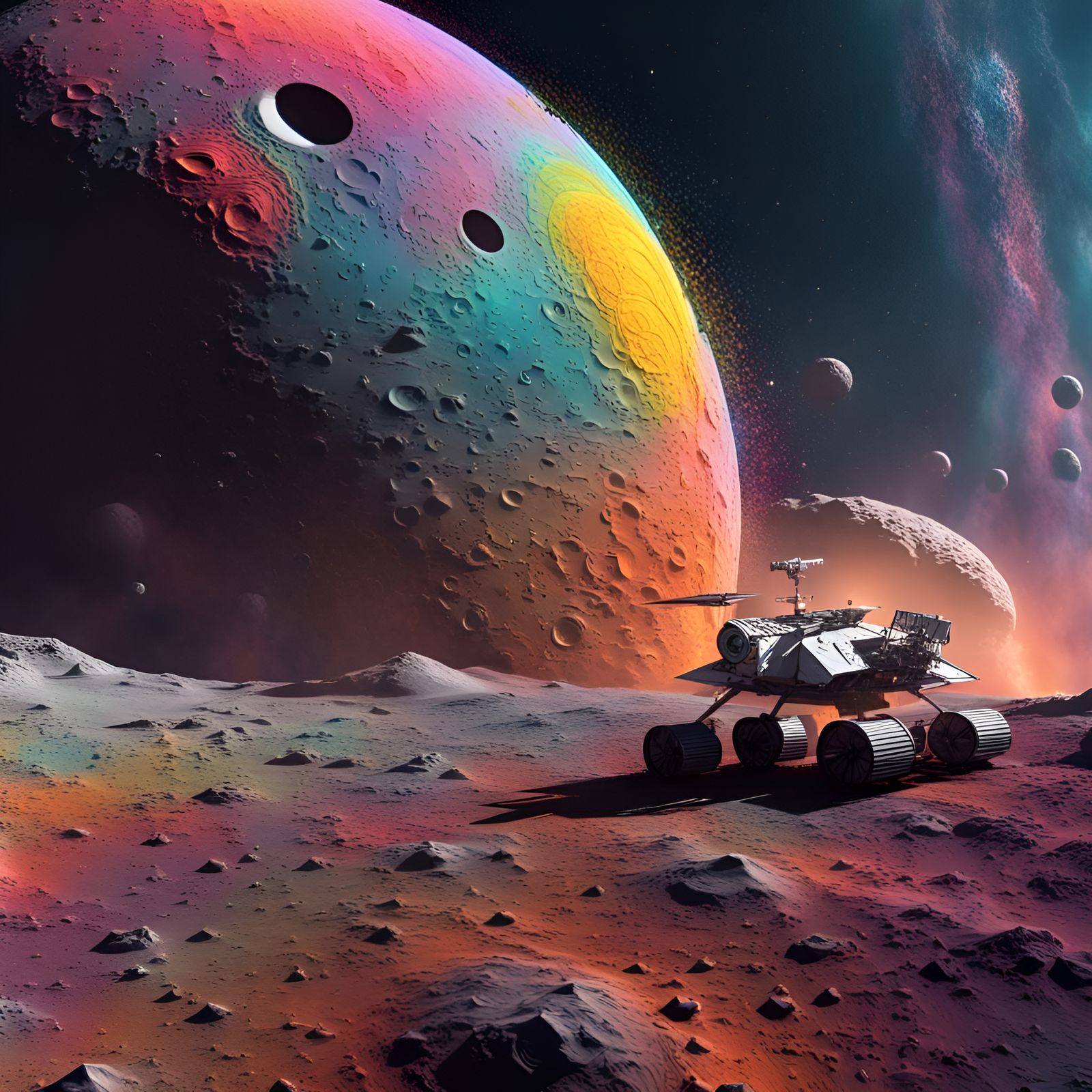 Colorful Spacecraft Flies Through Lunar Craters