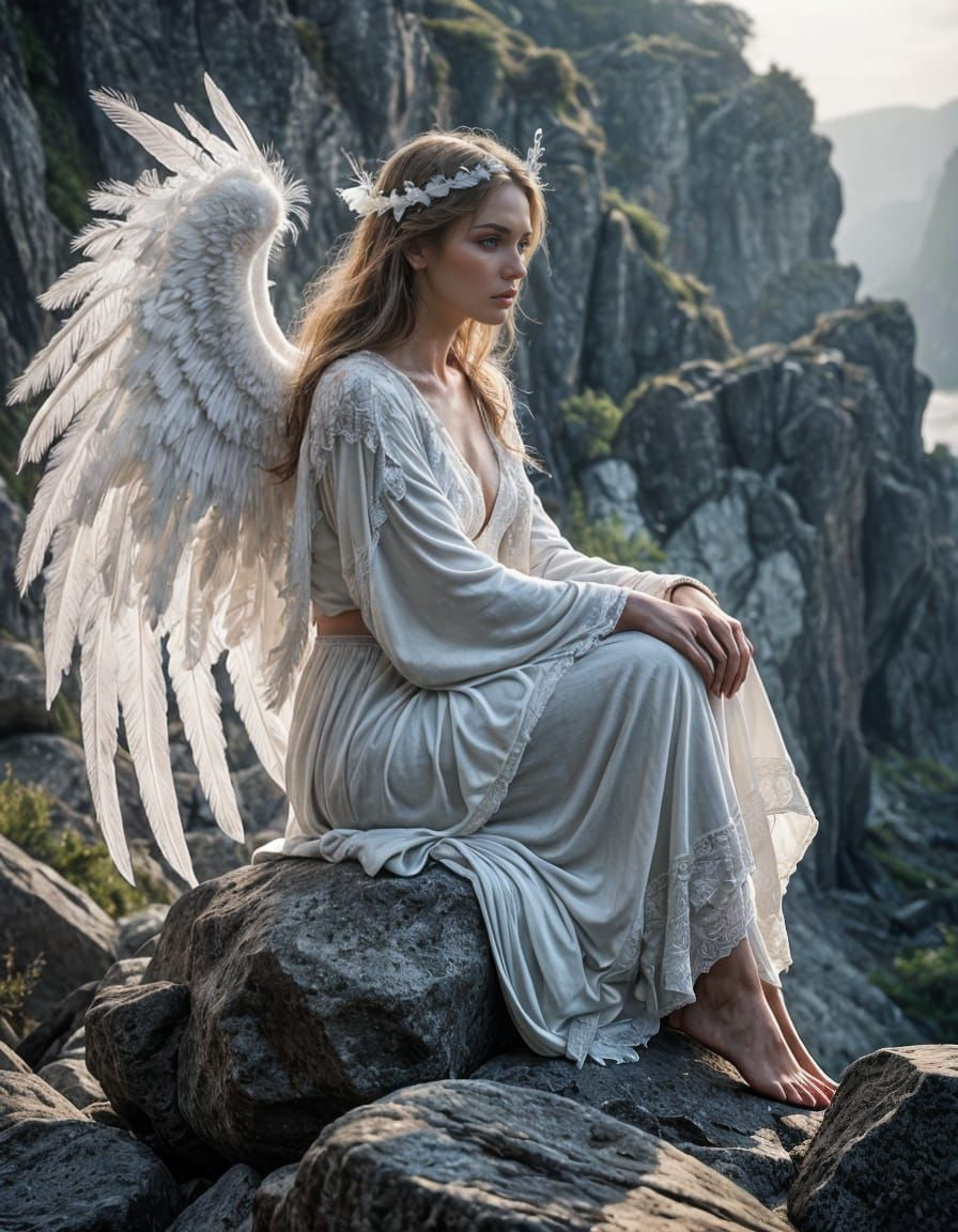 Dreamlike Angel in Misty Landscape