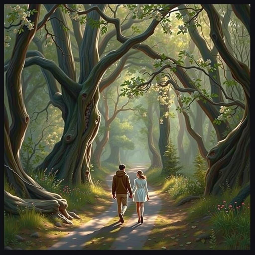 Romantic Couple Walking Forest Path in Impressionistic Style