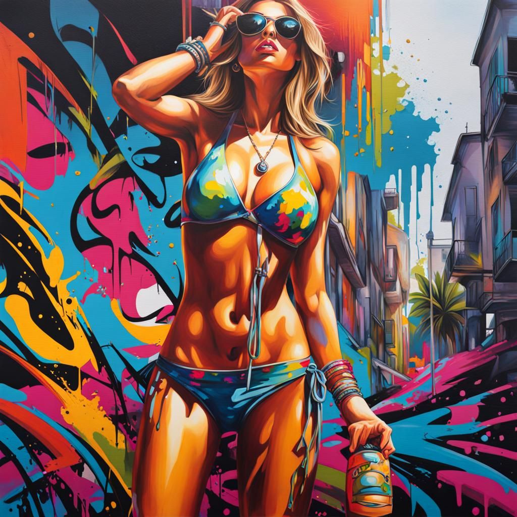 Vibrant Graffiti Art with Women in Bikinis