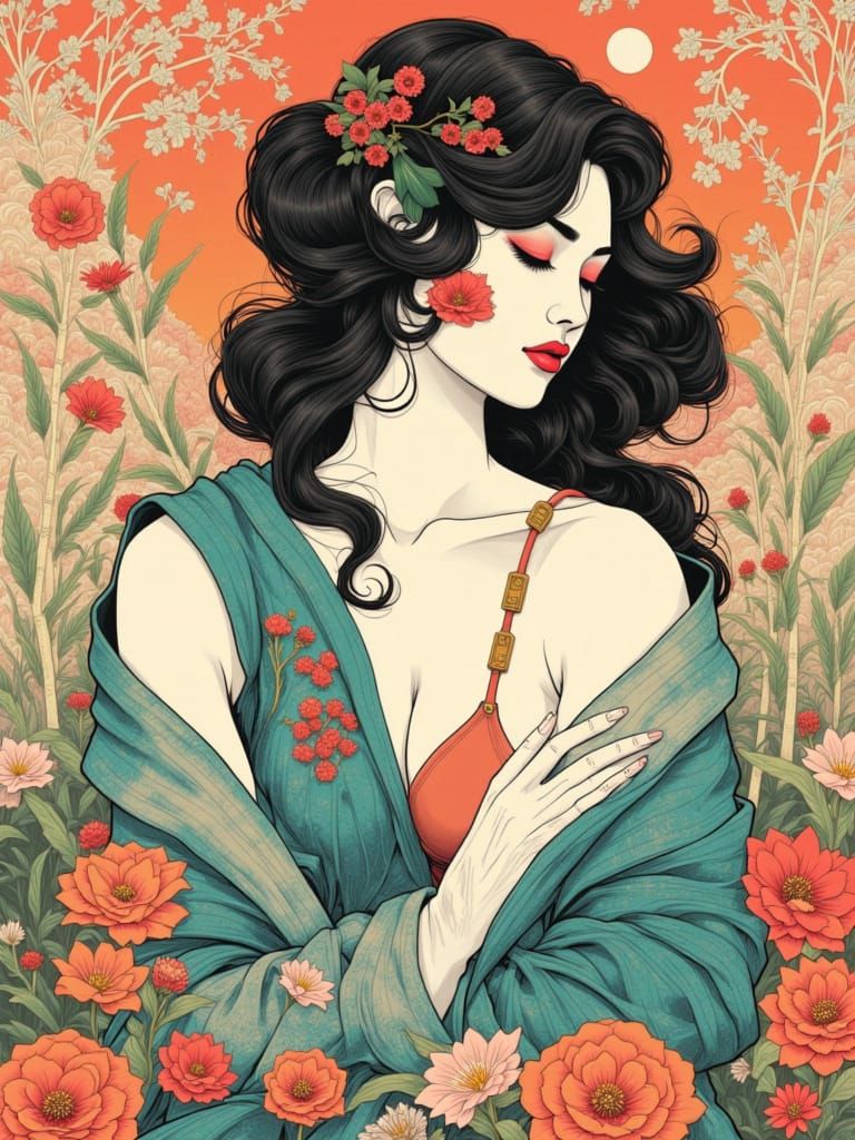 Elegant Fusion: Beardsley and Ingres Inspired Pin-Up Art
