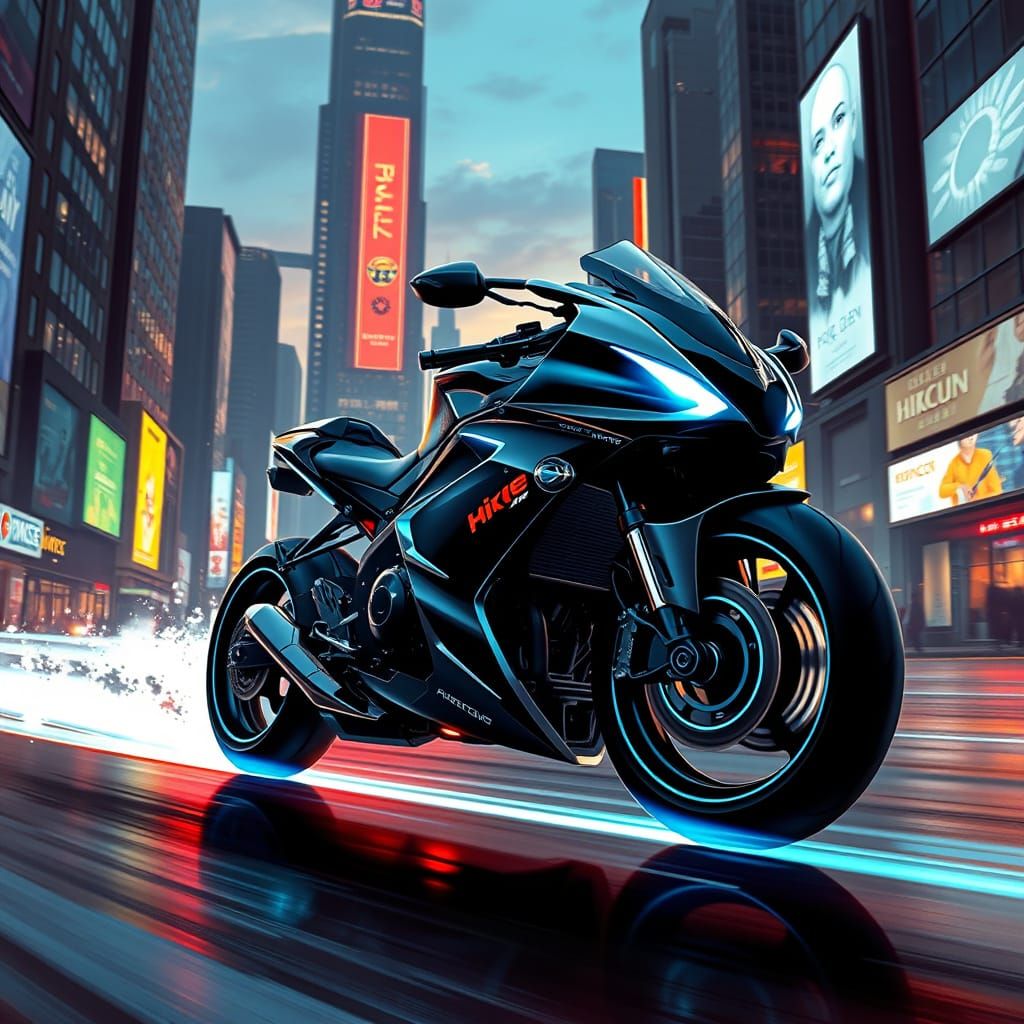 Futuristic Motorcycle Races Through Neon Cityscape