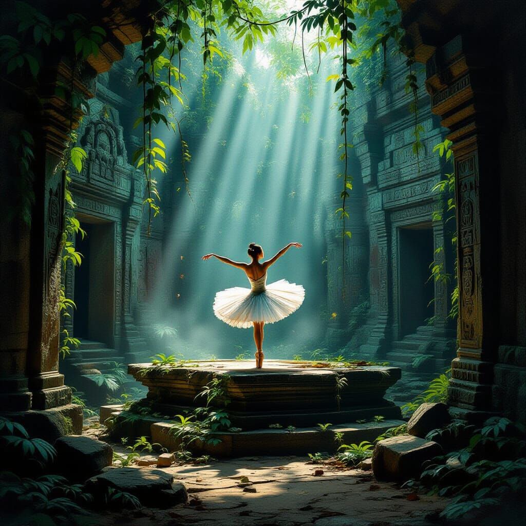 Ballerina Pirouettes on Ancient Jungle Altar