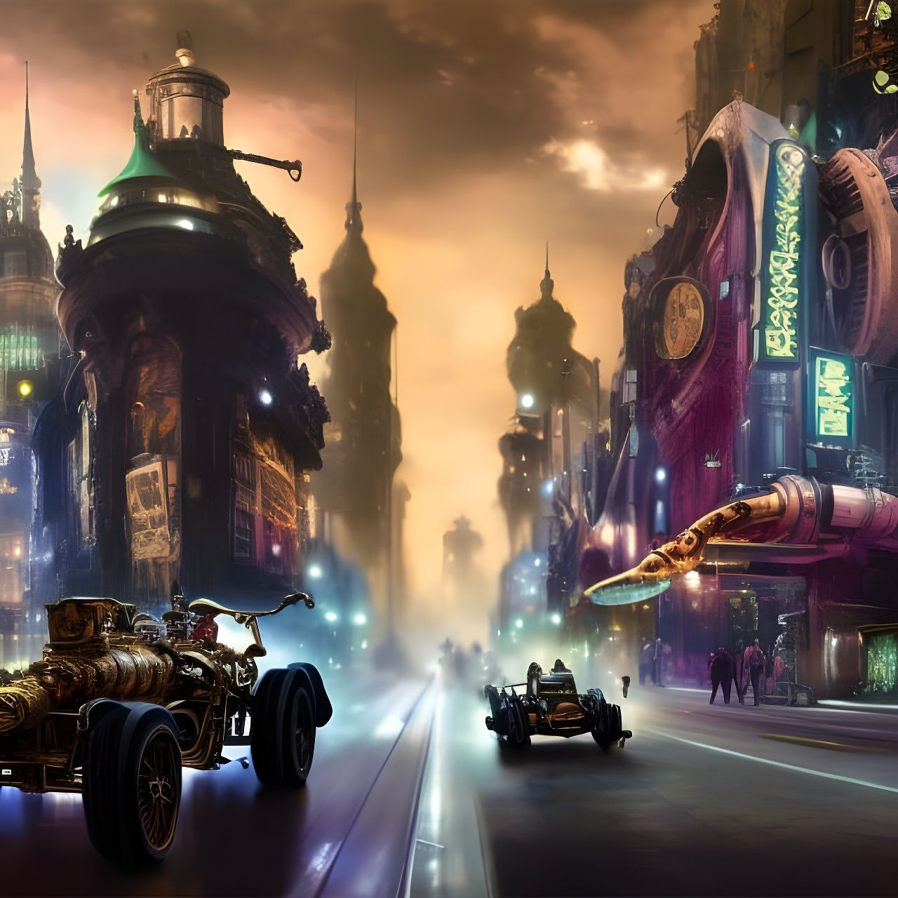 Steampunk Racing Car in Cyberpunk Cityscape