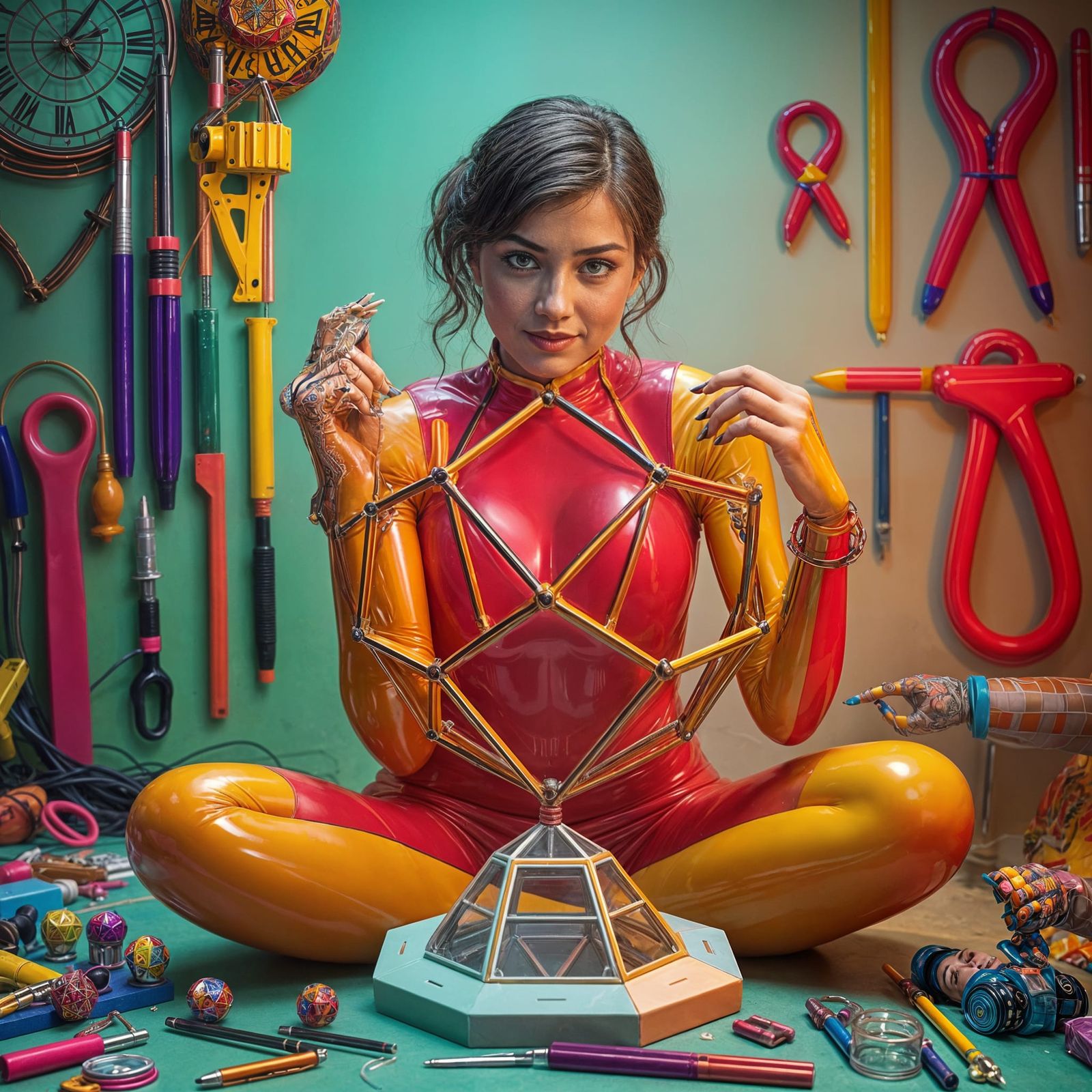 Woman Building Dodecahedron in Futuristic Digital Art