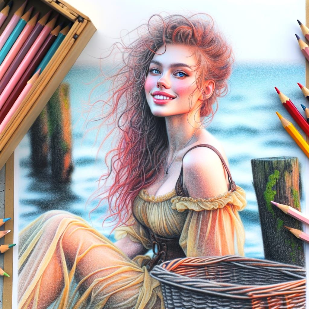 Radiant Norse Goddess in Multi-Colored Pencil Sketch