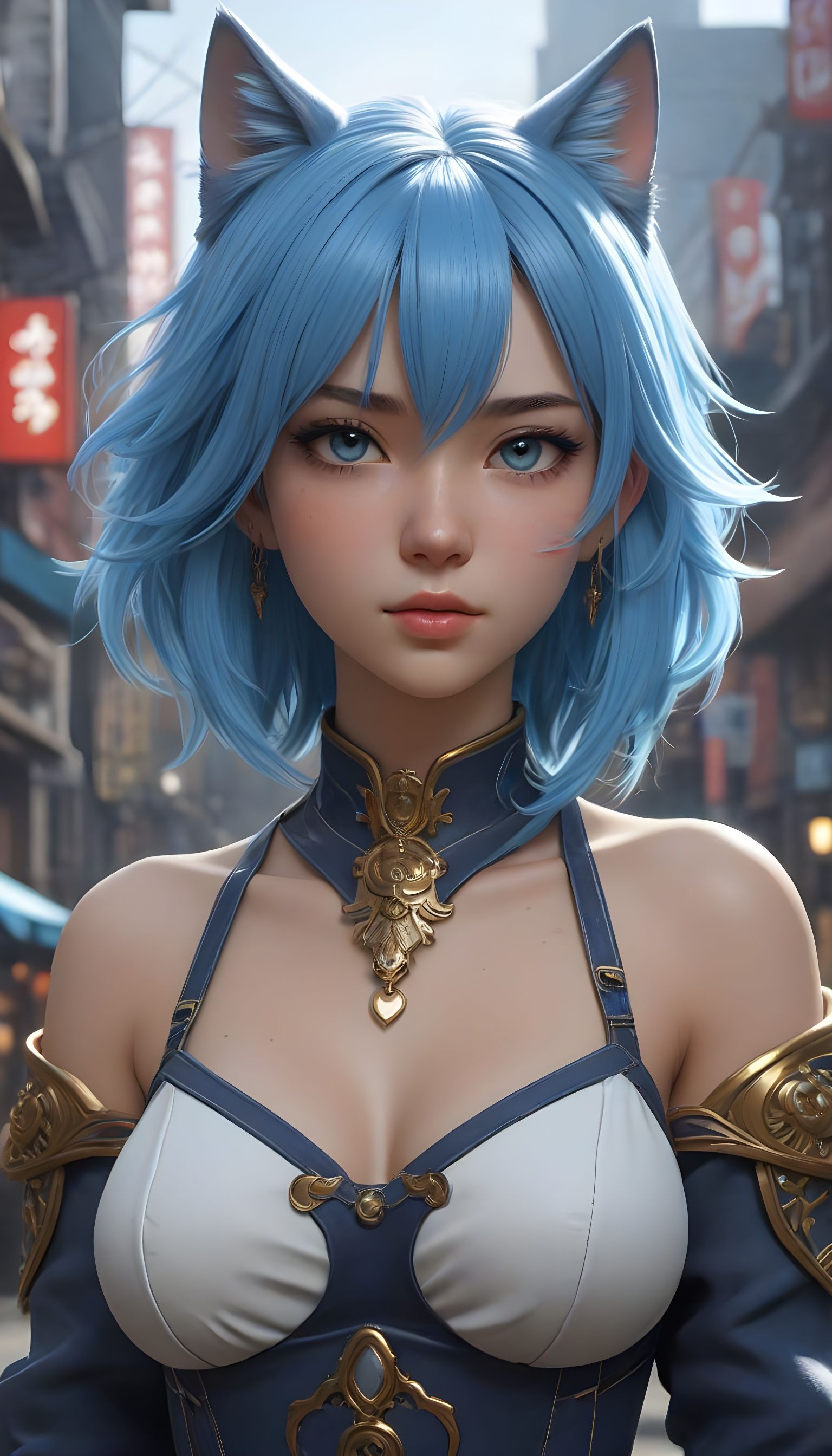 Cyberpunk Warrior with Electric-Blue Hair in a Neon-Lit City