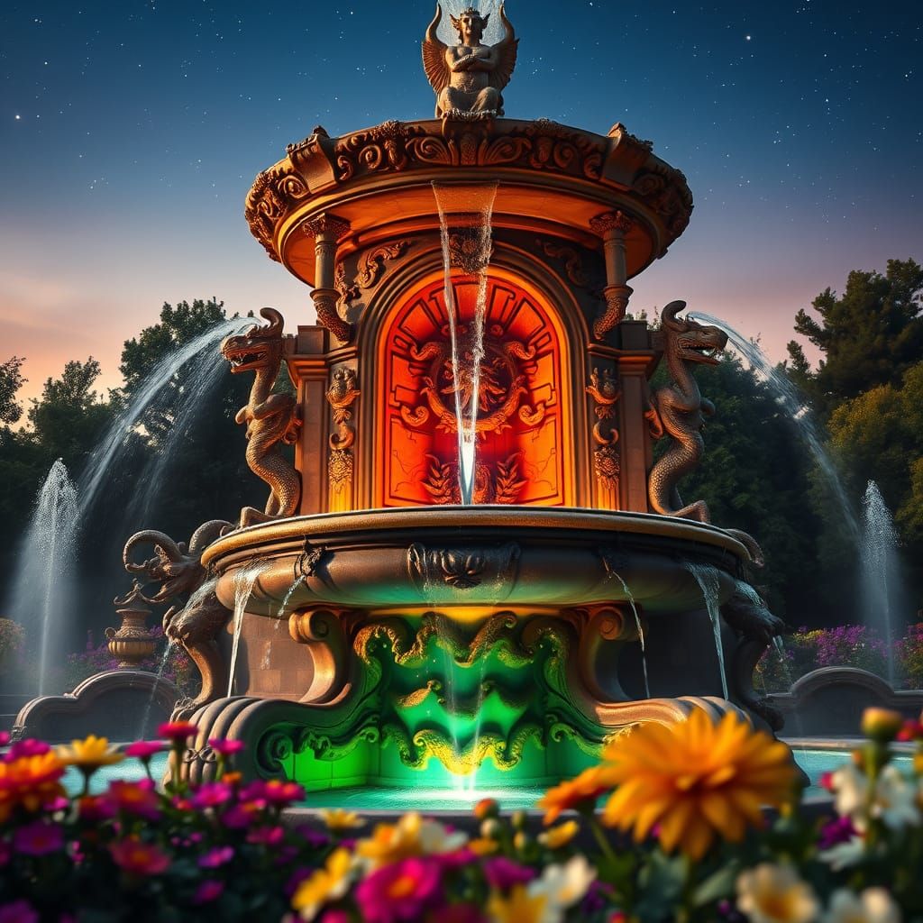 Liquid Light Fountain in Lush Dream Garden