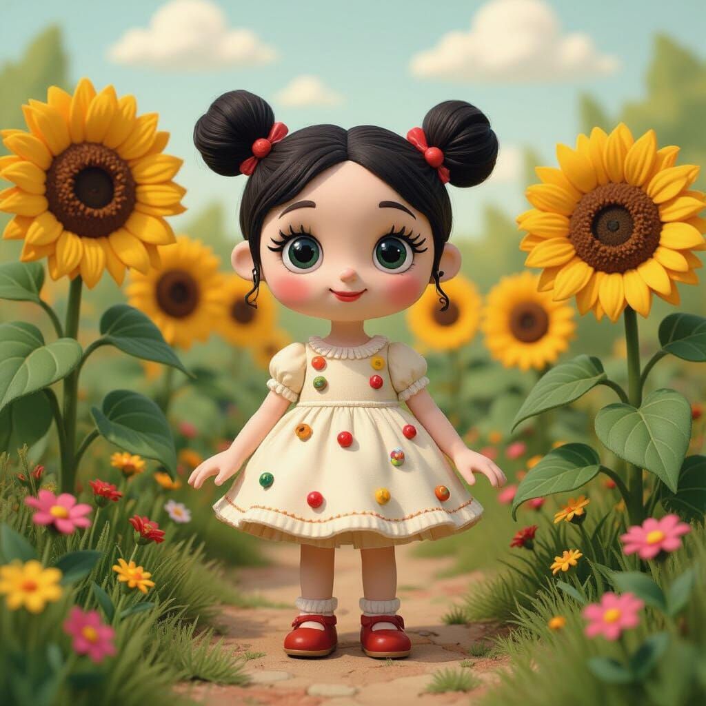 Whimsical Clay Girl in Handcrafted Sunflower Garden