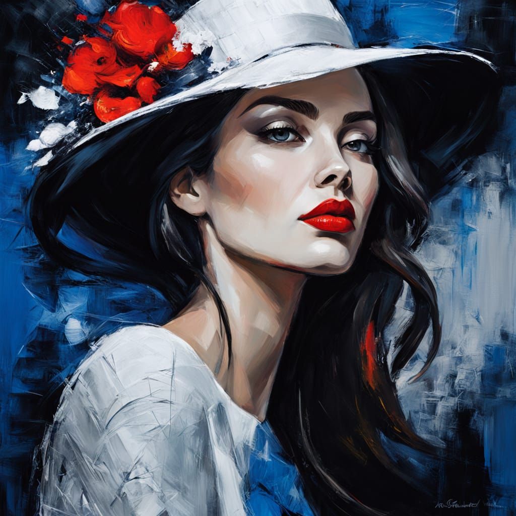Elegant Woman with Red Lips, Impasto Oil Painting