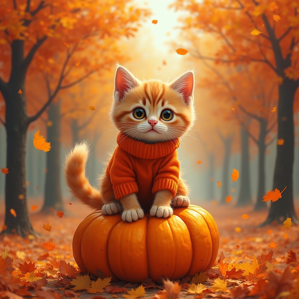 Autumn Kitten in Graffiti Art Forest Scene